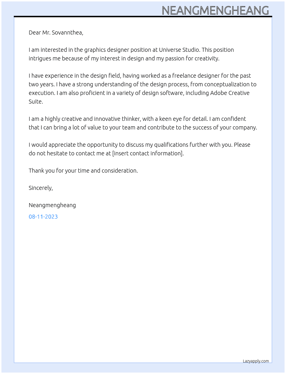 Graphics designer At Universe Studio  Cover Letter