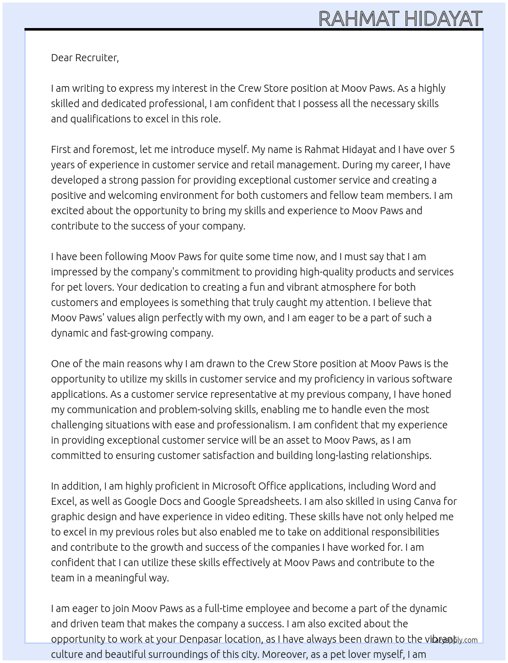 Crew Store At Moov Paws Cover Letter