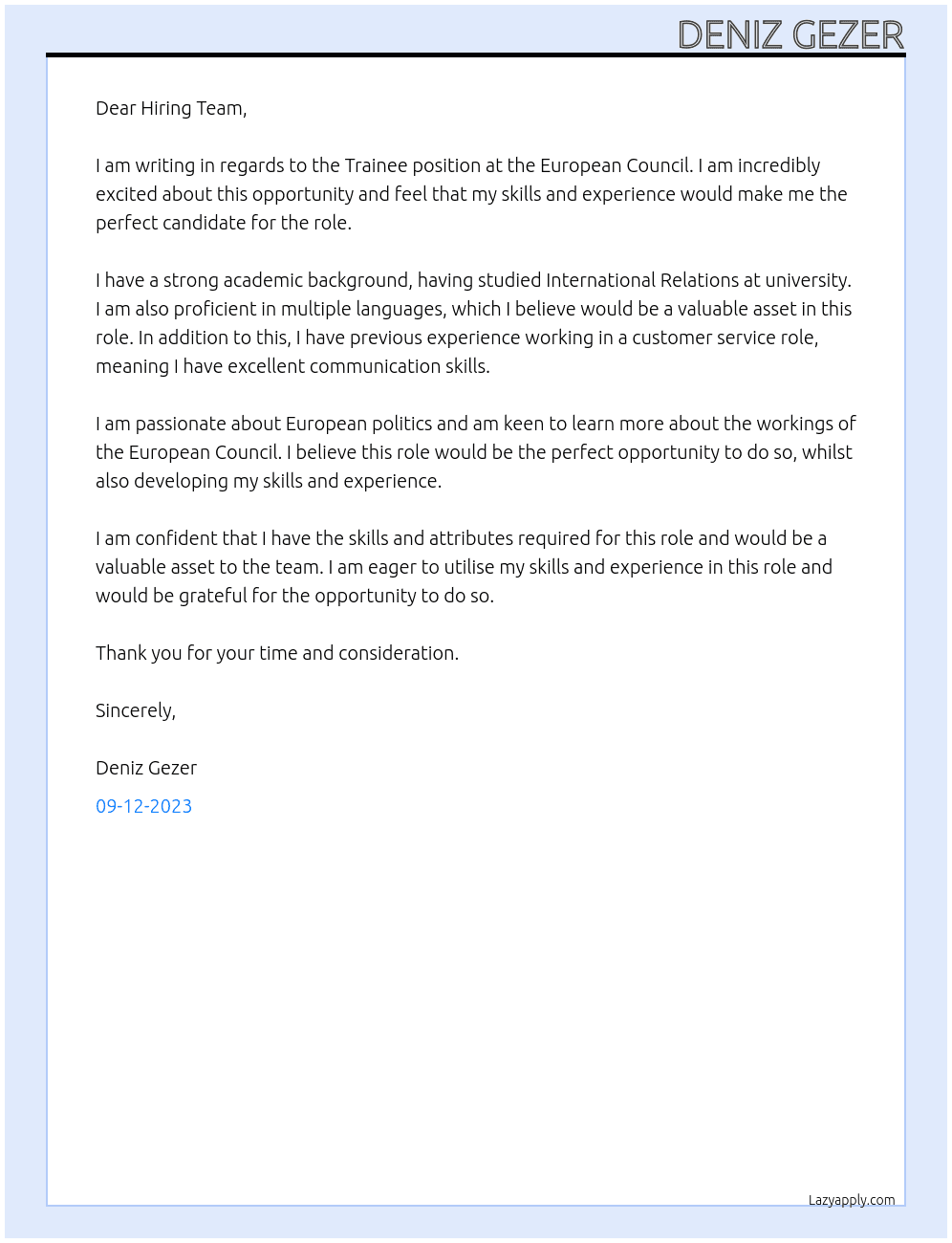 Trainee At Europeen Council Cover Letter