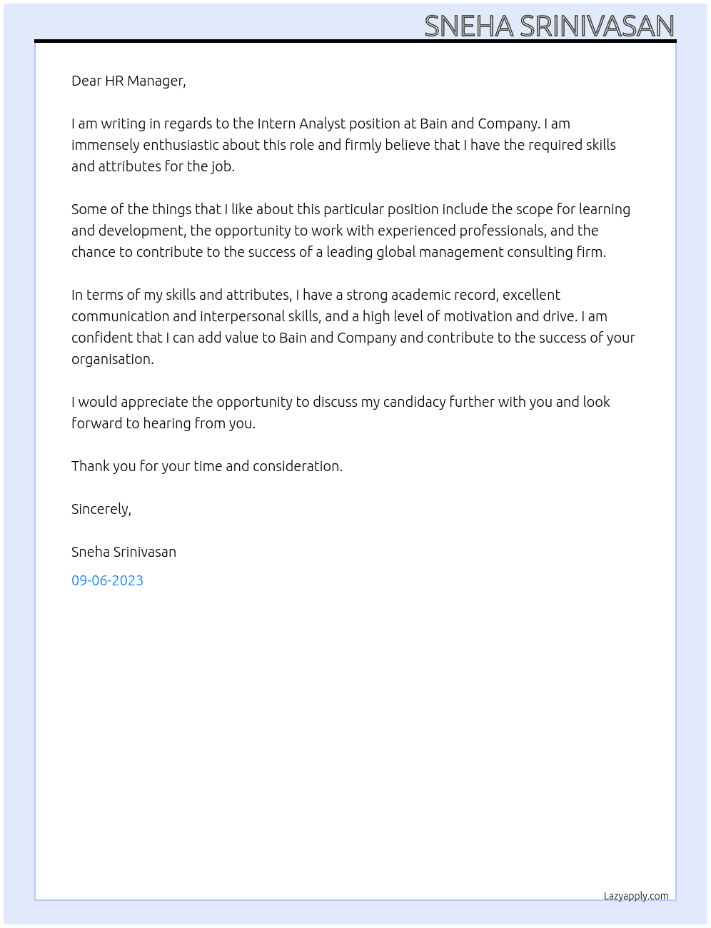 Intern Analyst At Bain and Company Cover Letter