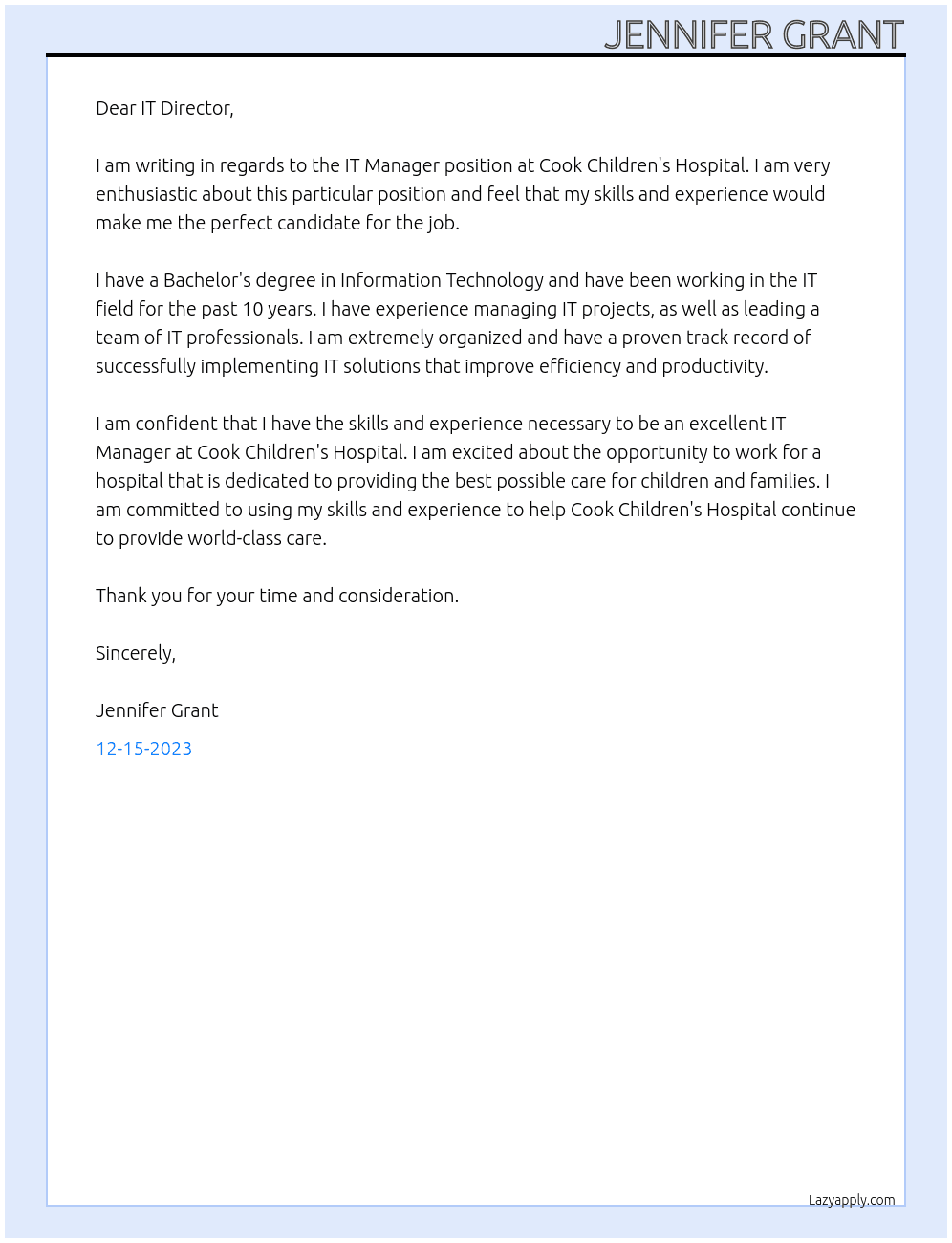 IT Manager At Cook Children's Hospital Cover Letter