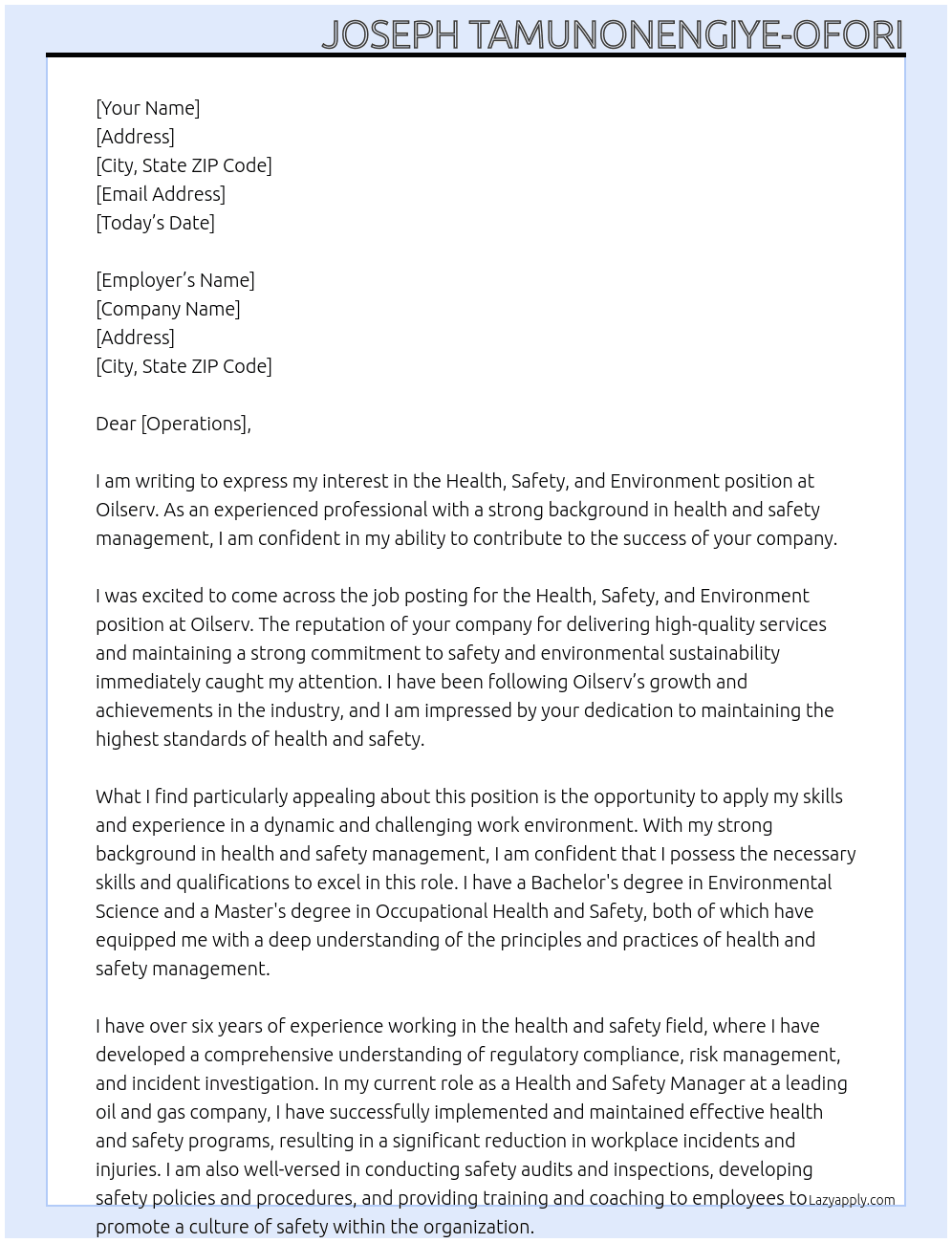 Health safety and environment At Oilserv  Cover Letter
