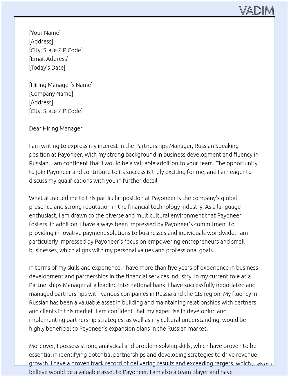 Partnerships Manager, Russian Speaking At Payoneer Cover Letter