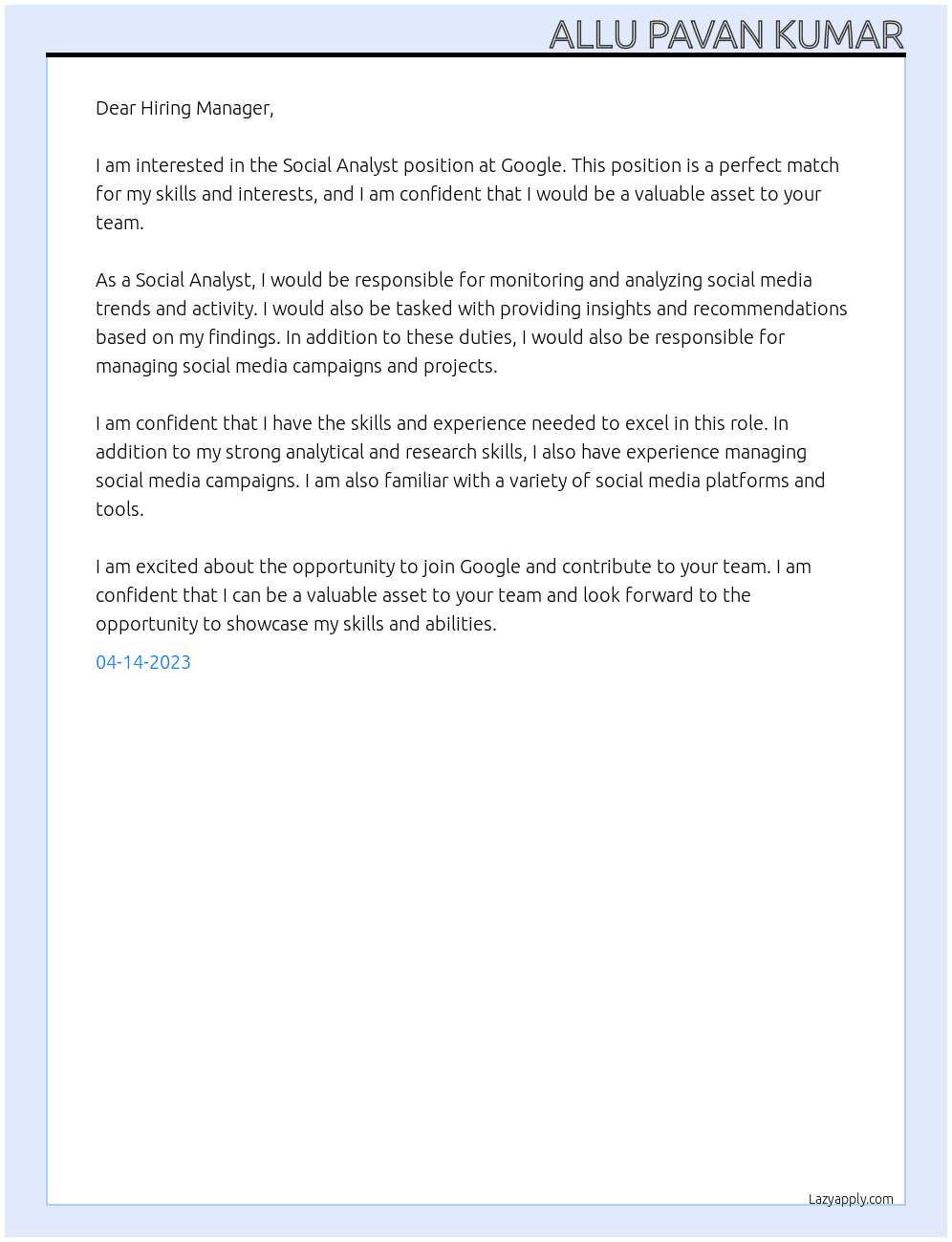 soc analyst At google Cover Letter