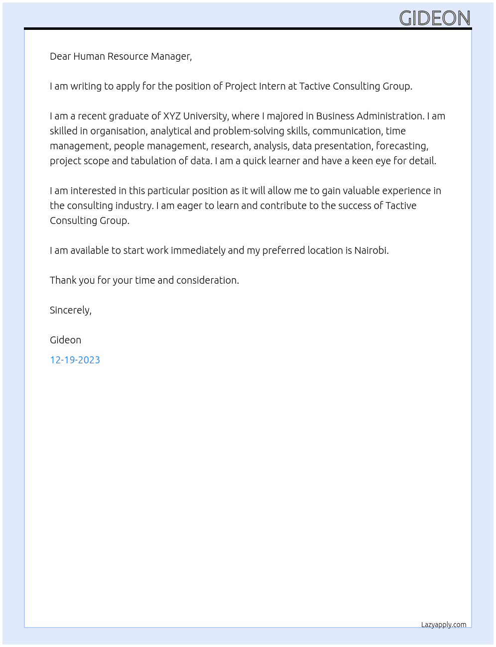 Project intern At Tactive consulting group Cover Letter
