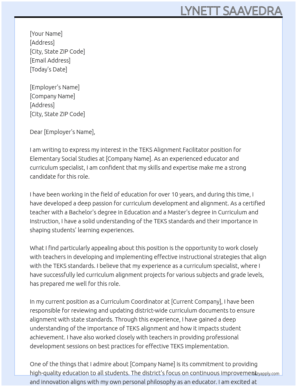 TEKS Alignment Facilitator for - Elementary Social Studies At School Distric Cover Letter