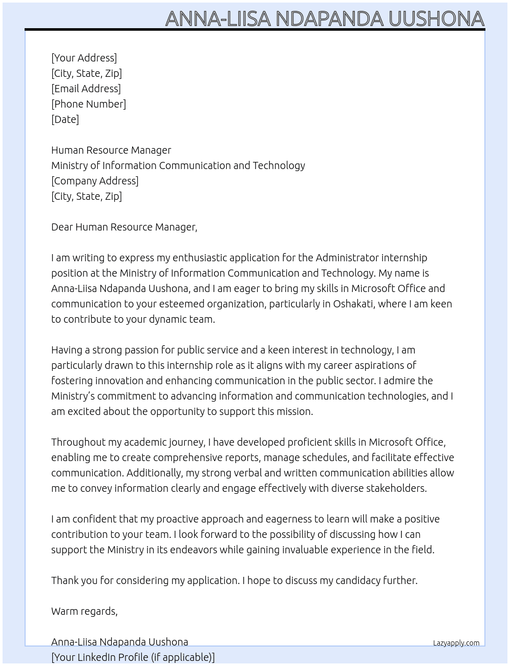Administrator  At Ministry of Information Communication and Technology  Cover Letter
