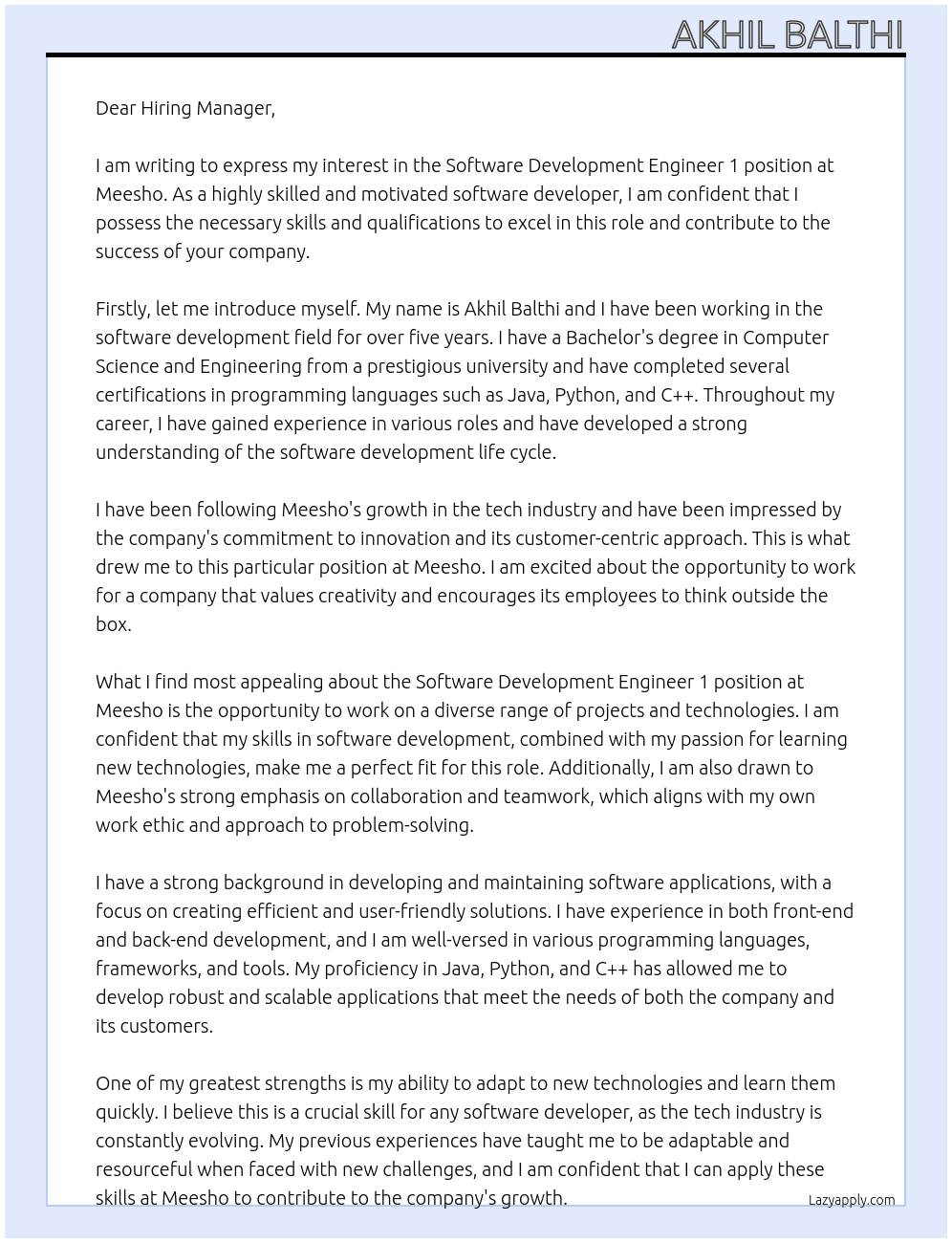 Software Development Engineer 1 At Meesho Cover Letter