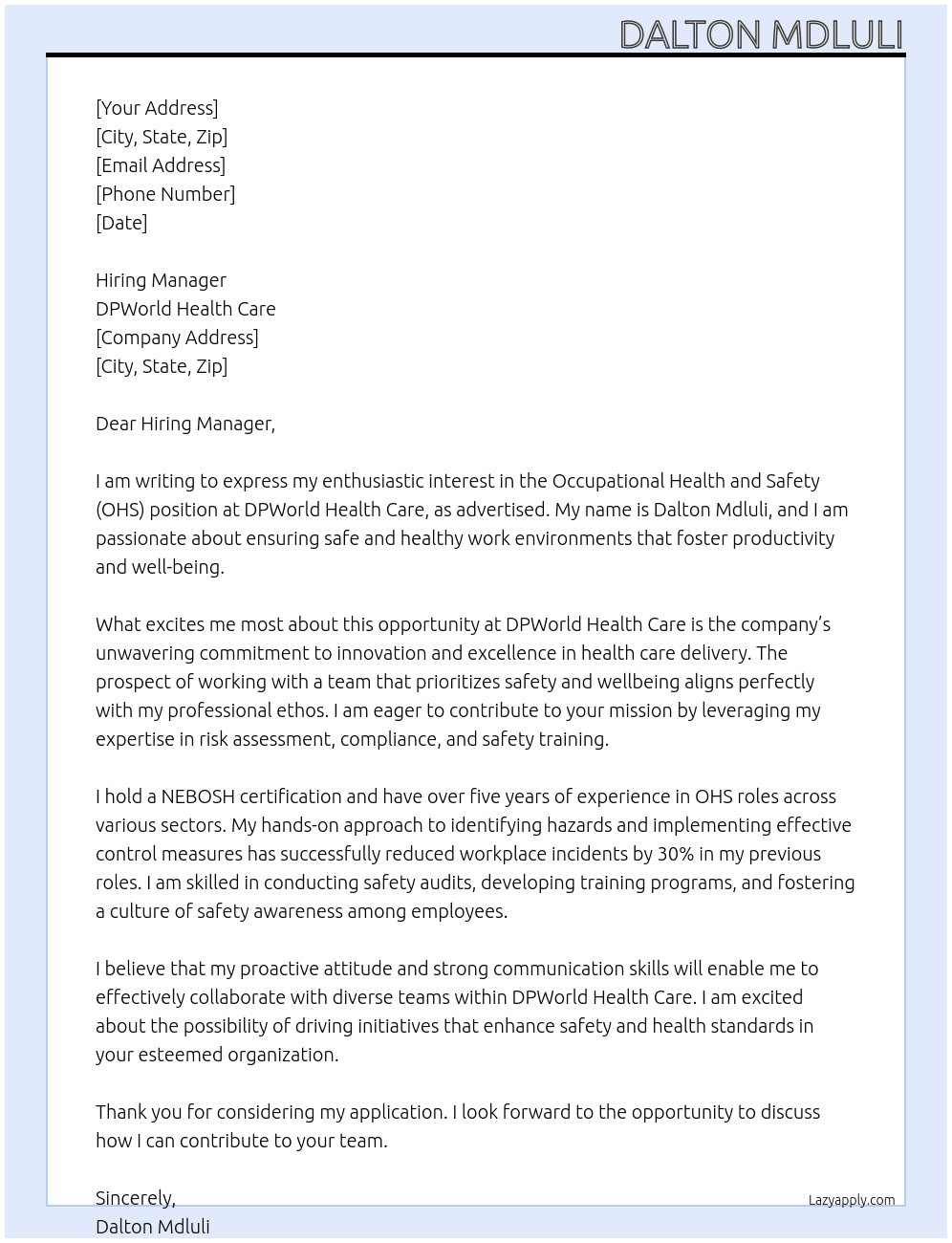 OHS At DPWorld health care Cover Letter
