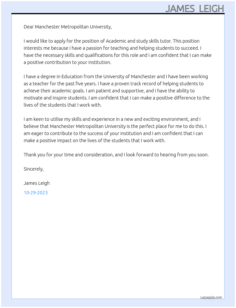 Academic and study skills tutor  At Manchester Metropolitan University  Cover Letter