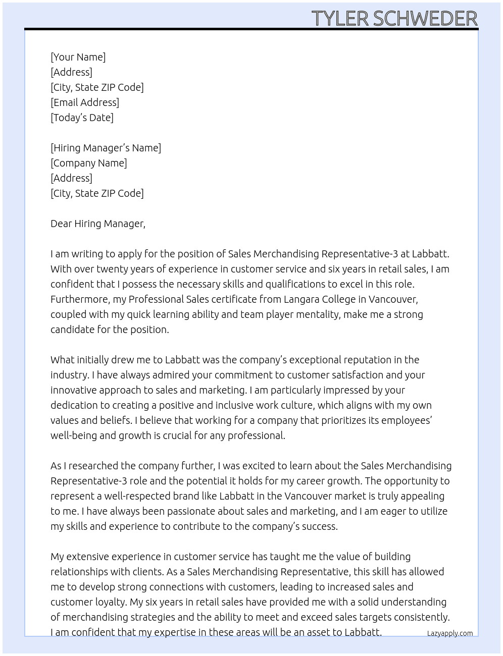 Sales Merchandising Representative-3 At Labbatt Cover Letter