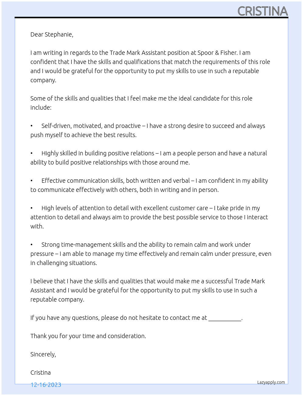 Trade mark assistant At Spoor & Fisher Cover Letter