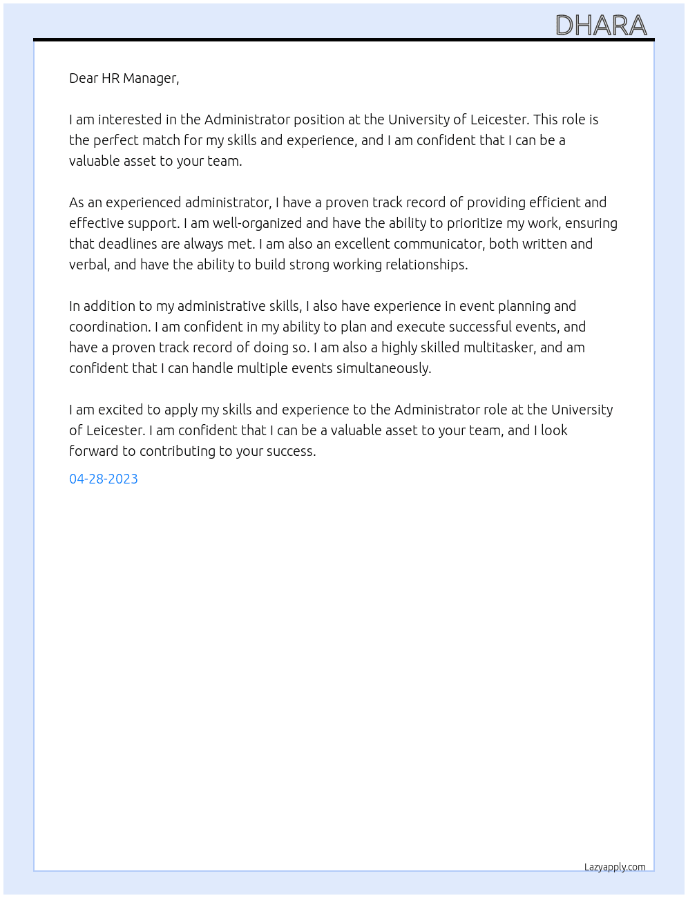 Administrator At University of Leicester Cover Letter