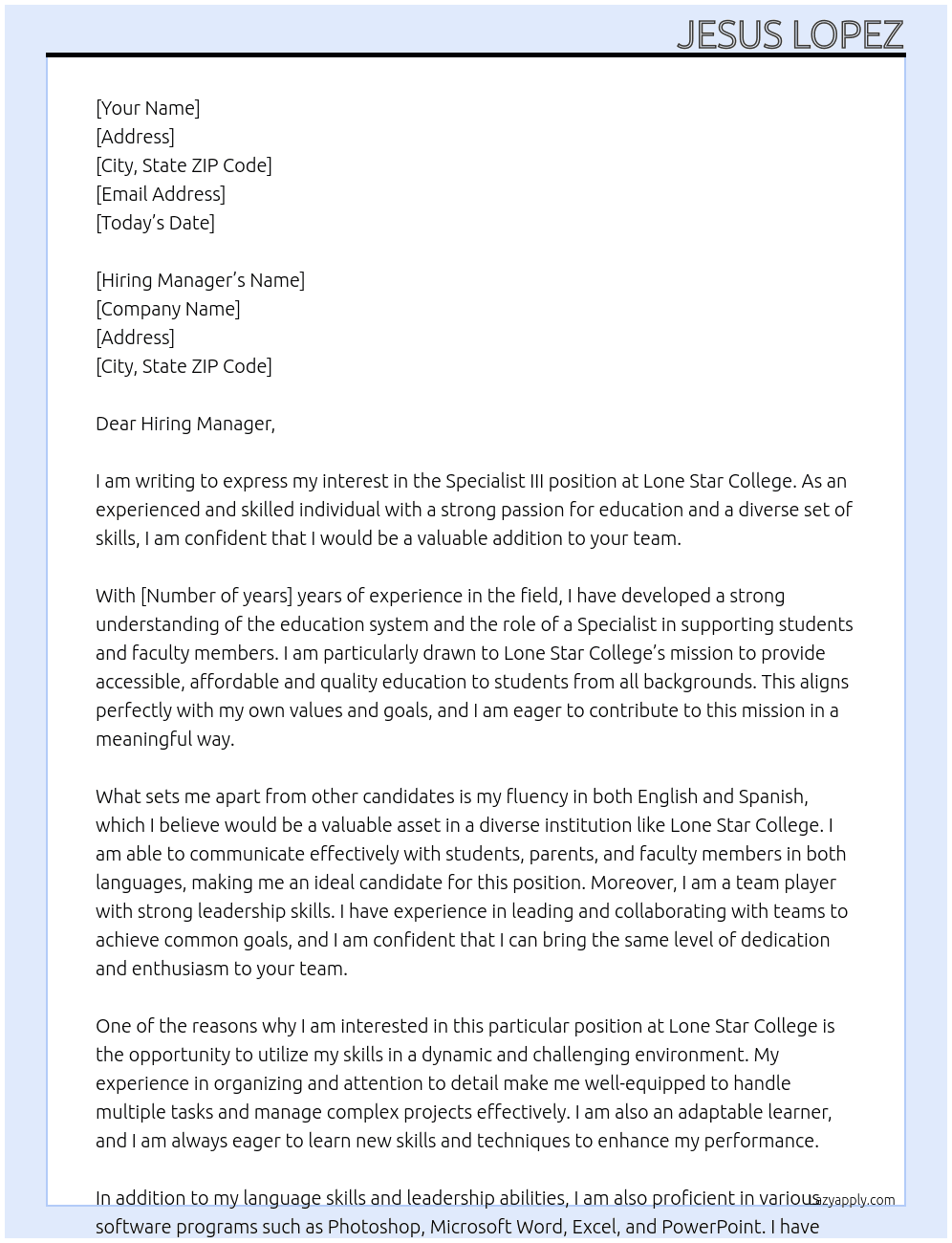 Specialist III  At Lone Star College  Cover Letter