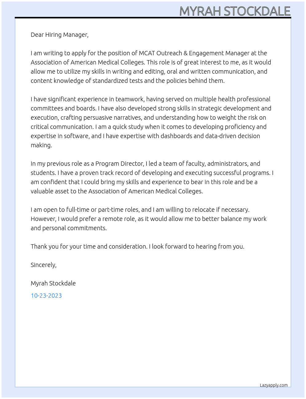 MCAT Outreach & Engagement Manager At Association of American Medical Colleges Cover Letter