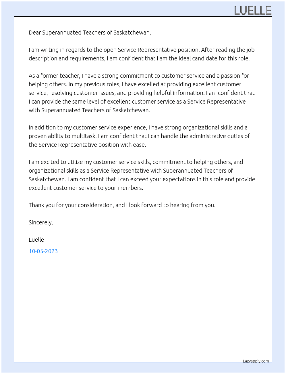  Service Representative At Superannuated Teachers of Saskatchewan Cover Letter