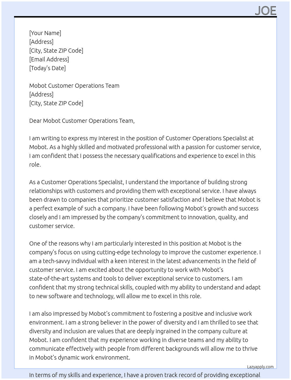 Customer Operations Specialist At Mobot Cover Letter