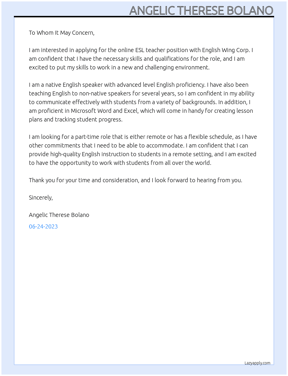 online esl teacher At English Wing Corp. Cover Letter