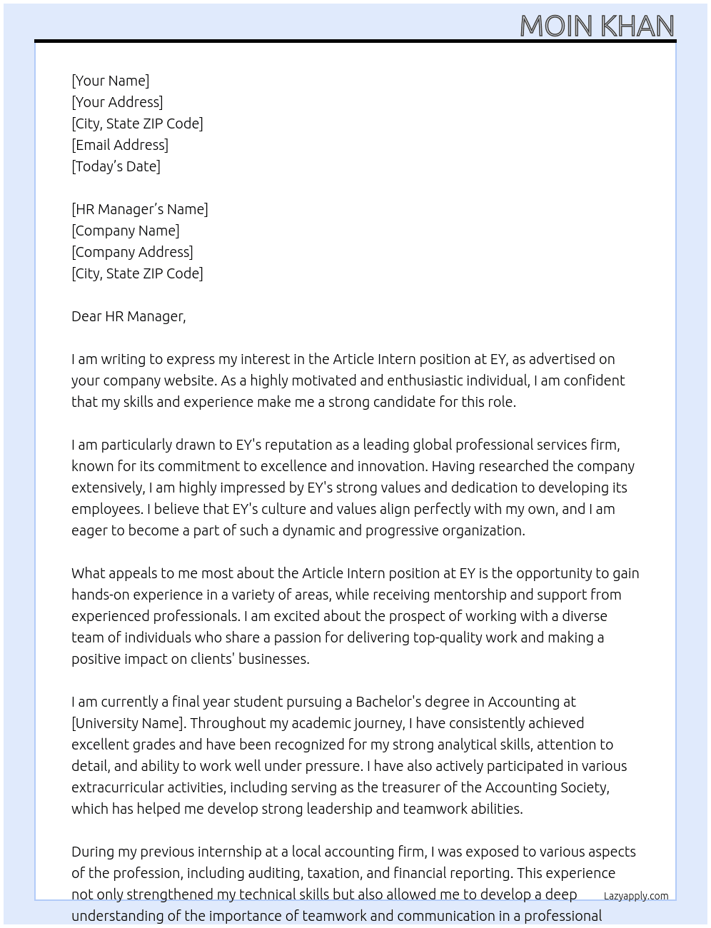 Article Intern At EY Cover Letter