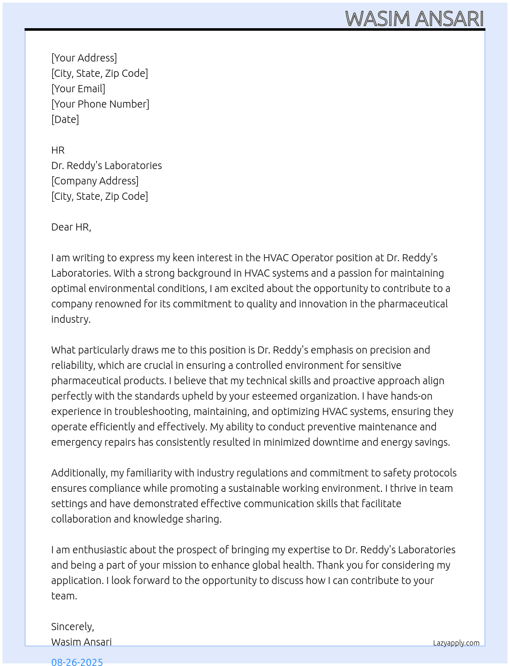 HVAC OPERATOR  At Dr.reddy's laboratories  Cover Letter