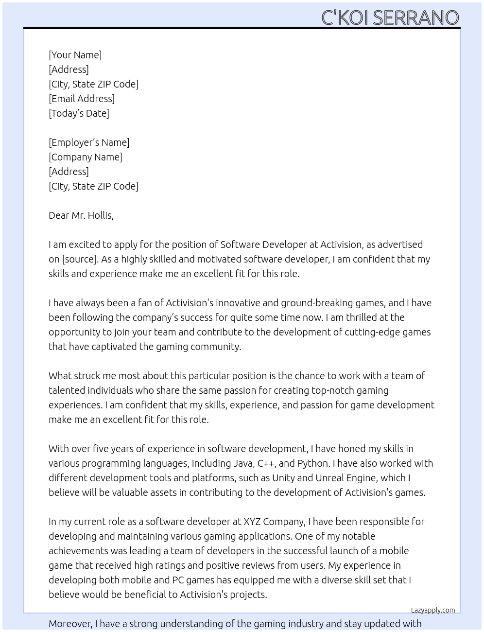 Software Developer At Activision Cover Letter