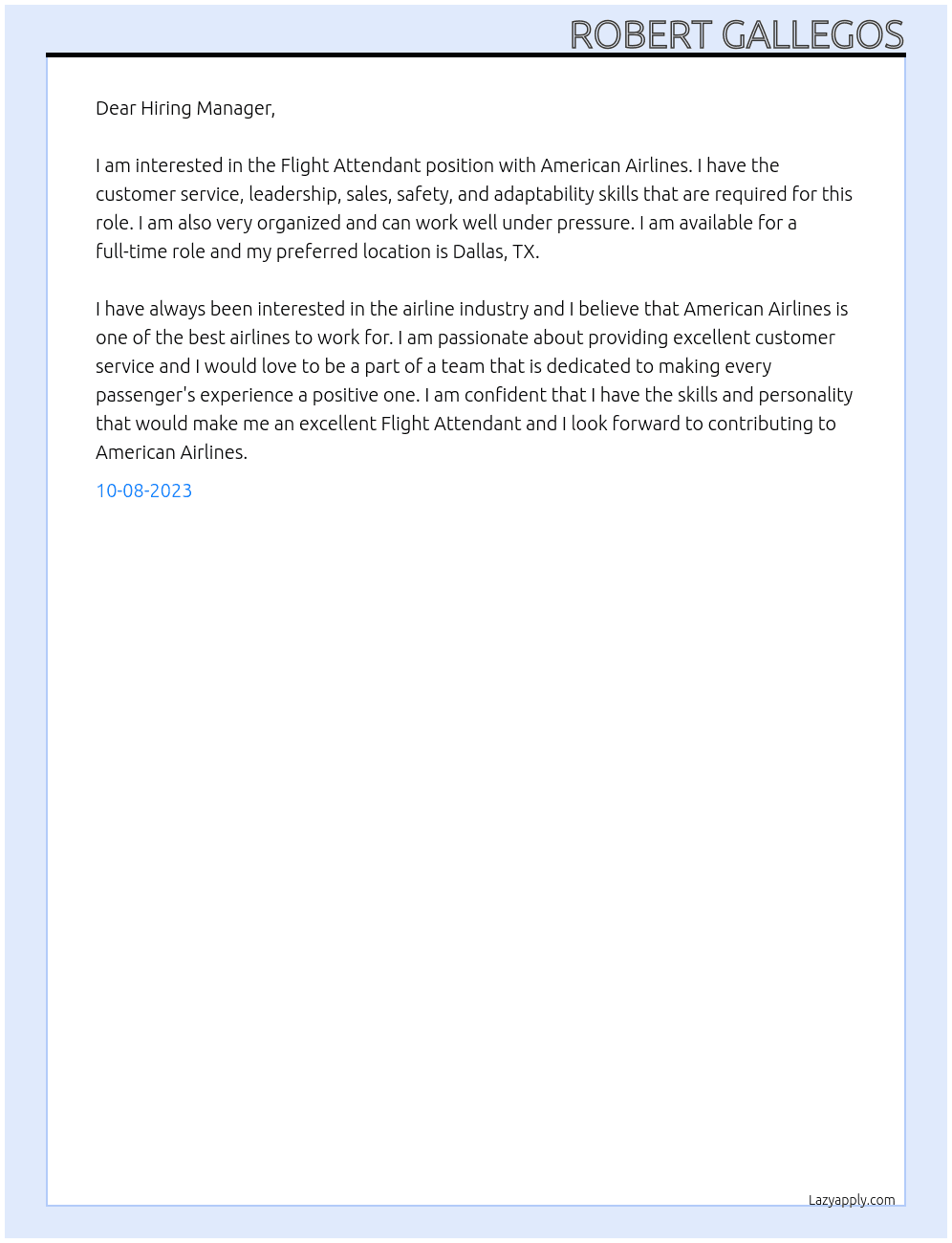 Flight Attendent At American AIrlines Cover Letter