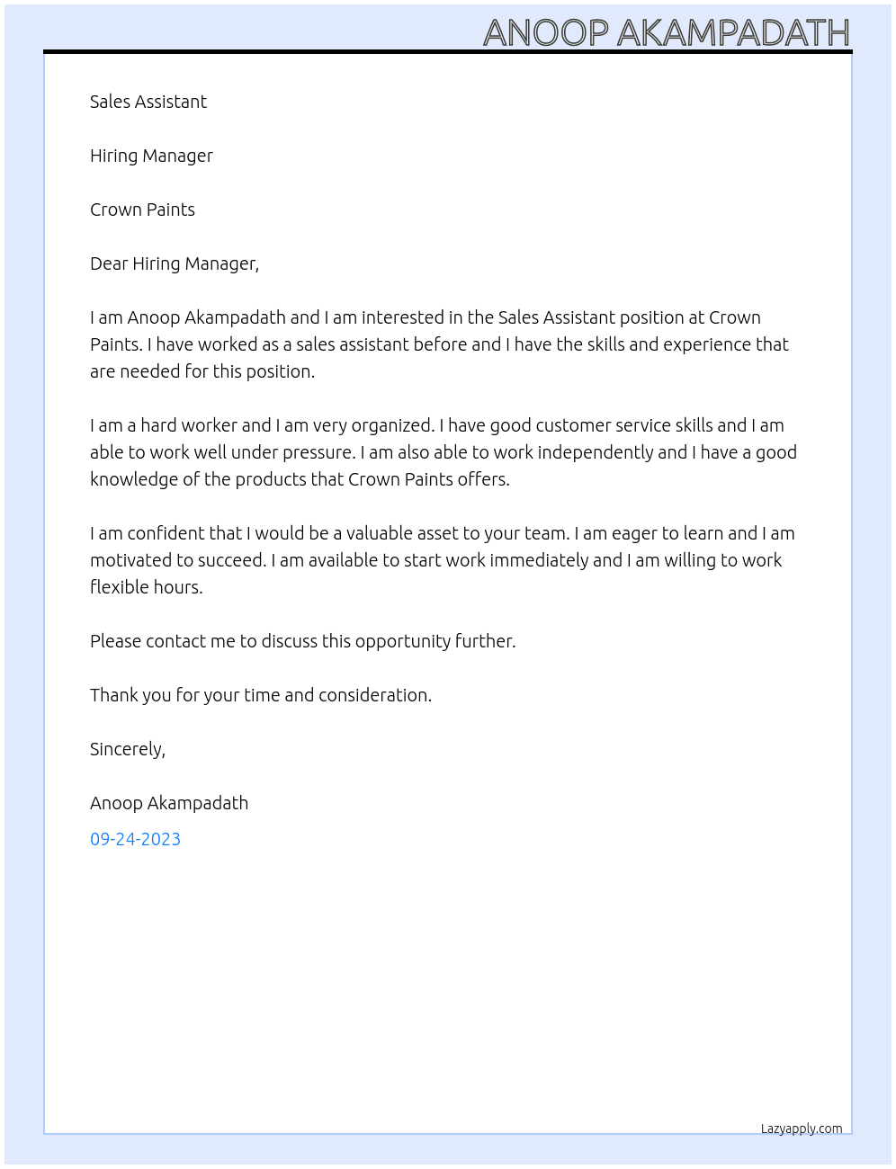 Sales Assistant  At Crown Paints  Cover Letter