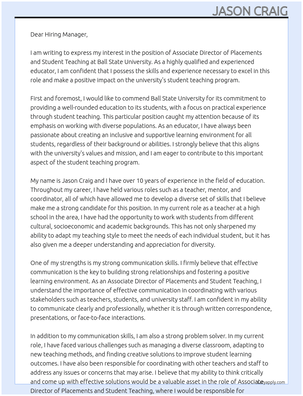 Associate Director of Placements and Student Teaching At Ball State University Cover Letter