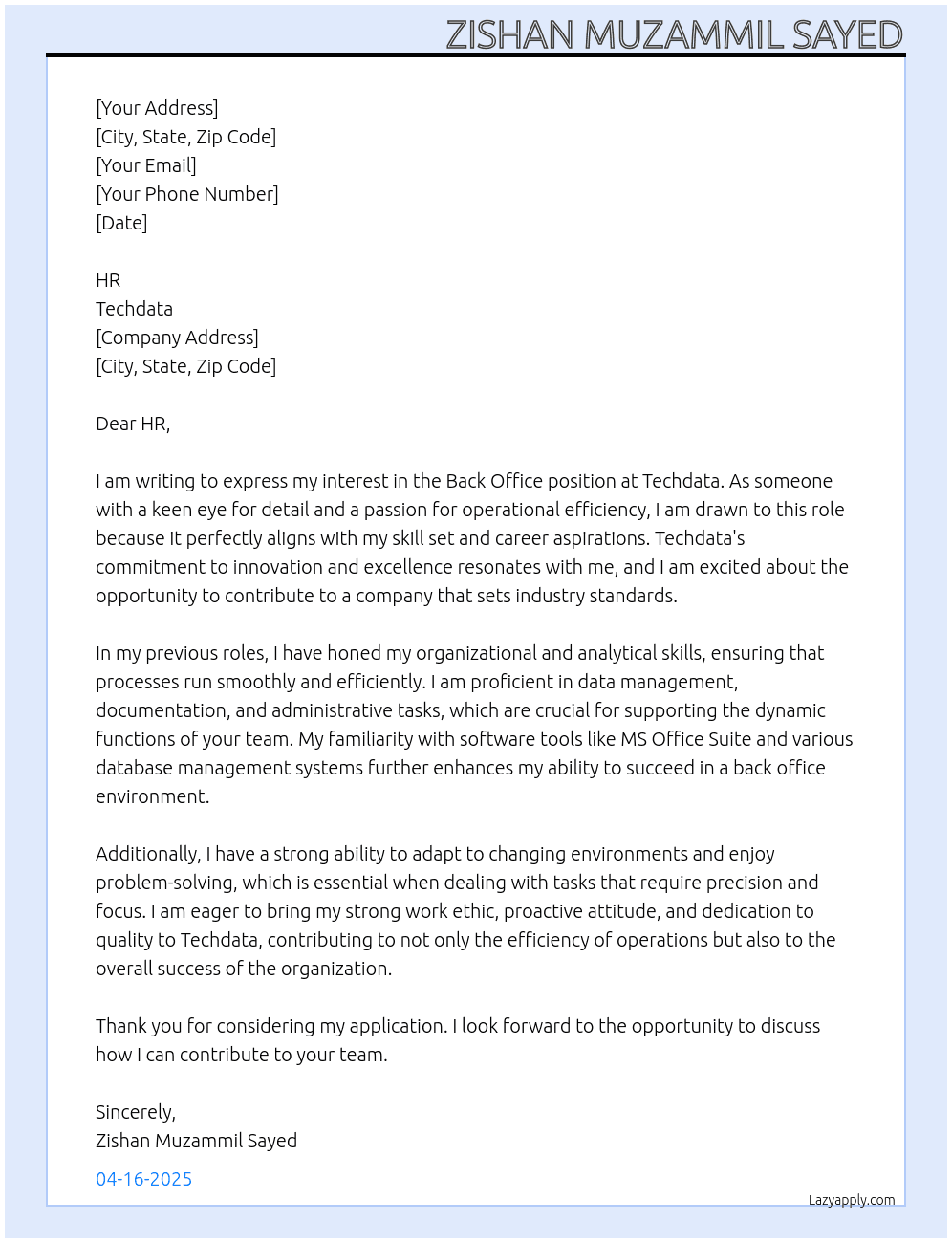 Back office At Techdata Cover Letter