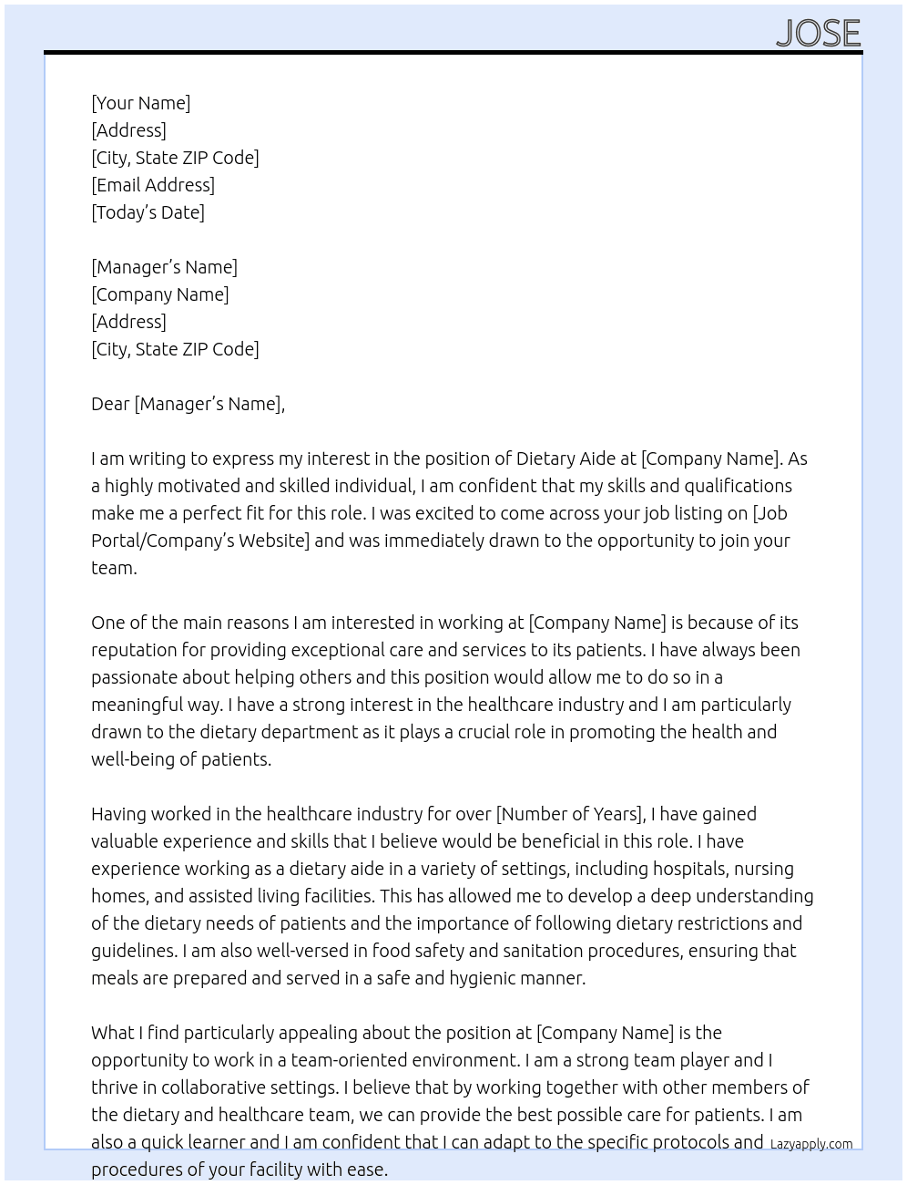 dietary aide At PMH Cover Letter