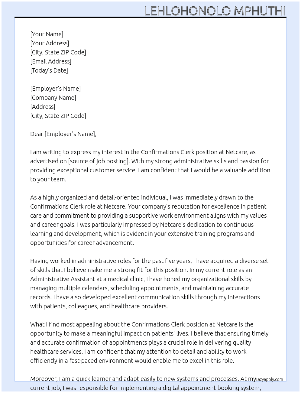 Confirmations Clerk  At Netcare  Cover Letter