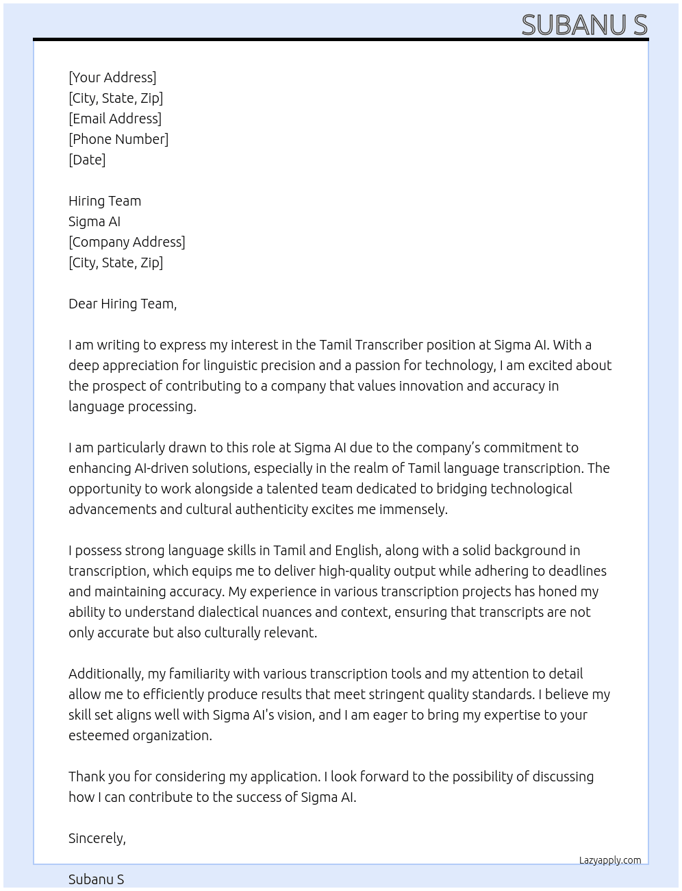 Tamil transcriber  At Sigma ai Cover Letter