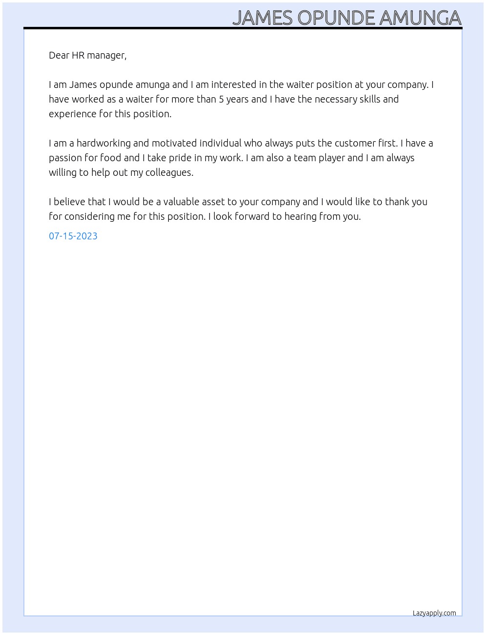 Waiter  At 6644270 Cover Letter