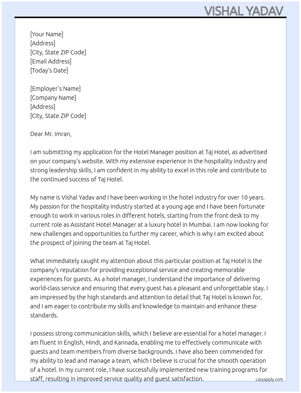 Hotel manager  At Taj Hotel  Cover Letter