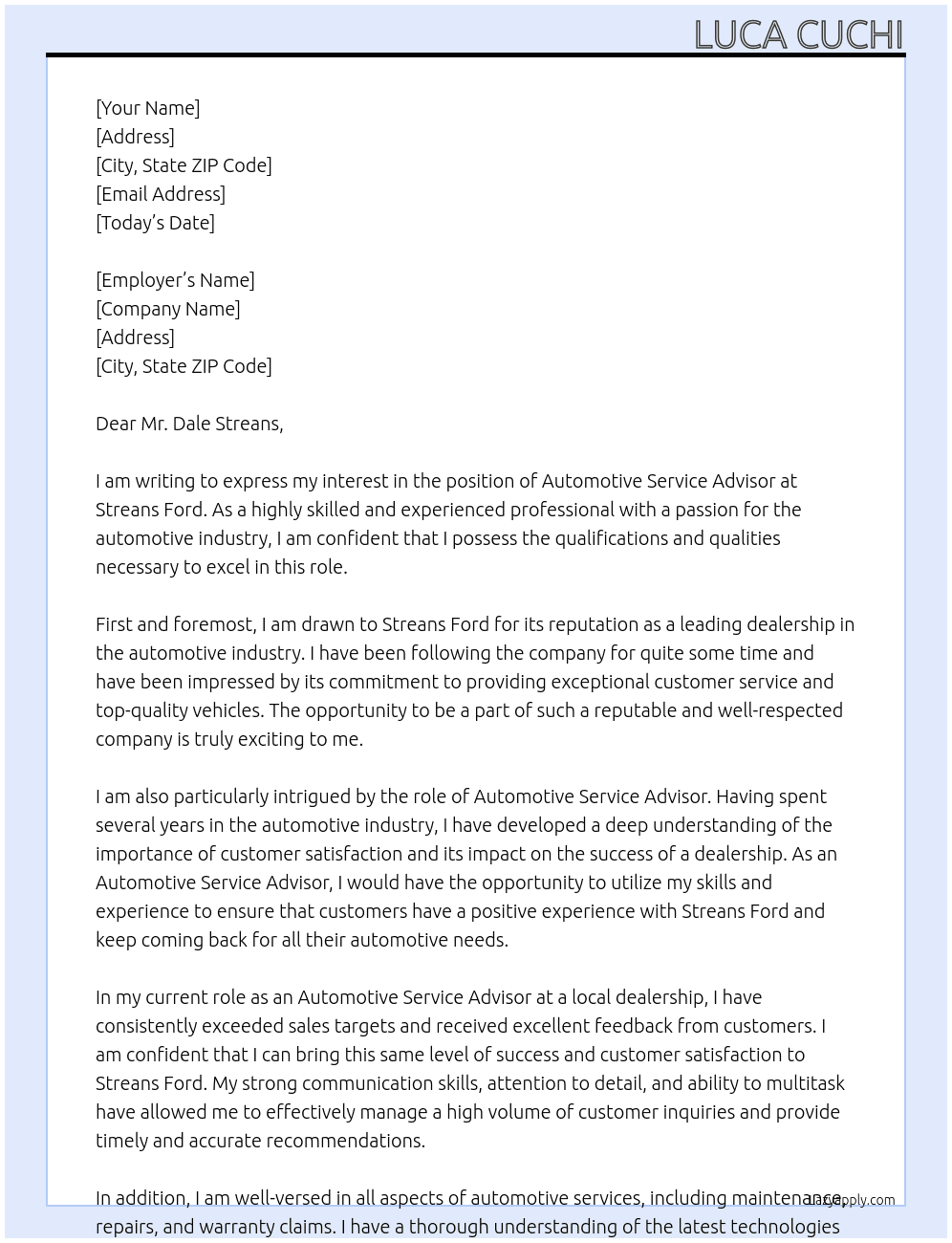 Cover letter for automotive service advisors - LazyApply