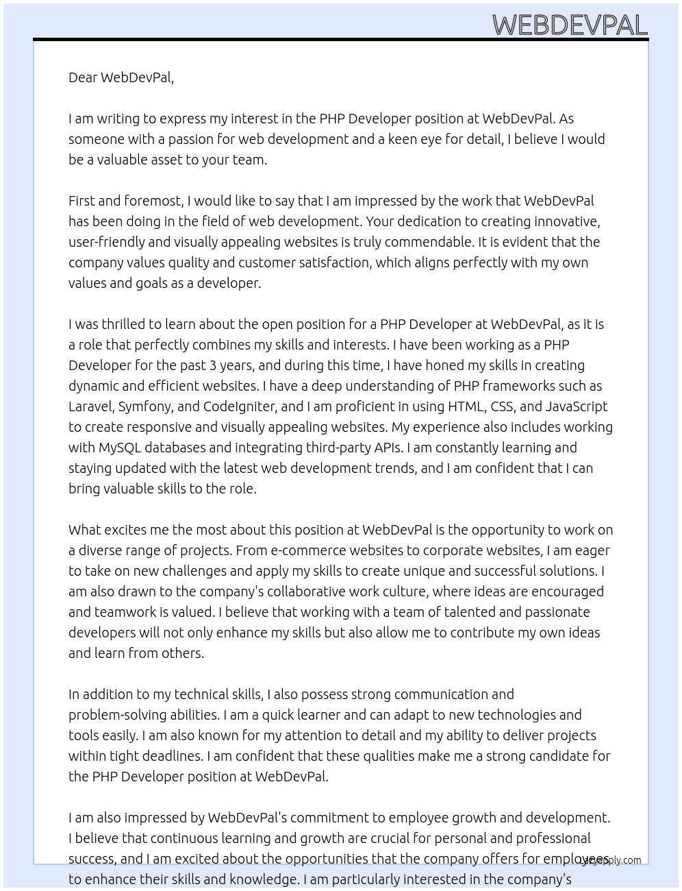 PHP Developer At WebDevPal Cover Letter