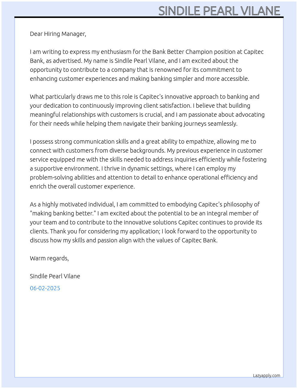 Bank Better Champion  At Capitec Bank  Cover Letter