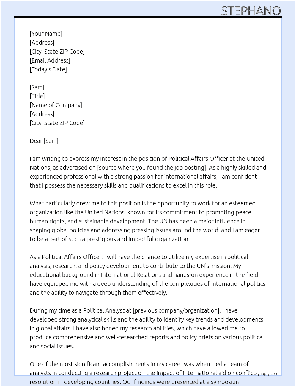 Political Affairs Officer At UN Cover Letter