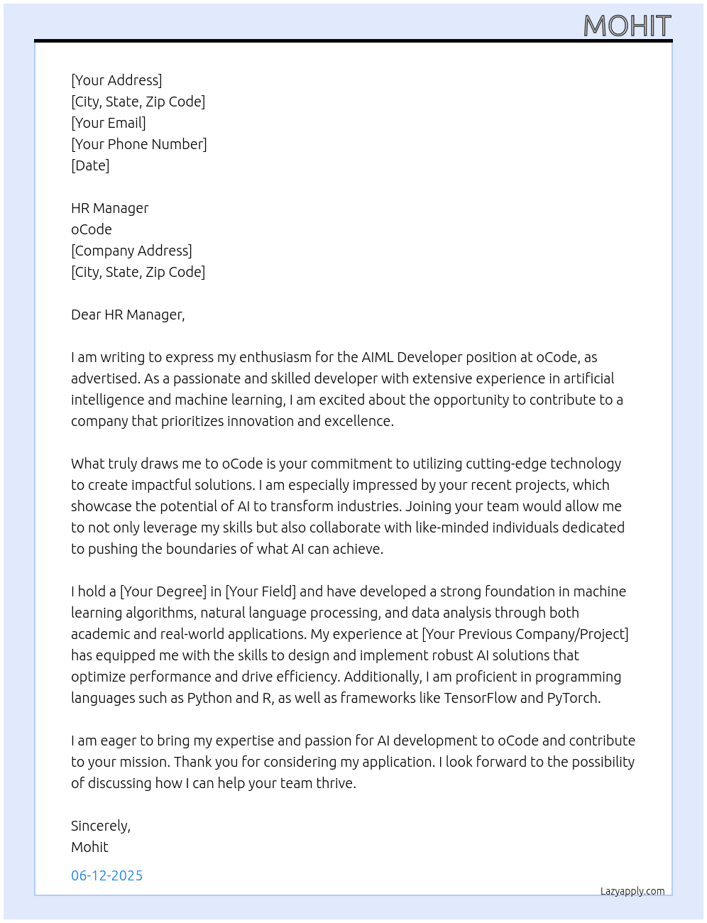 Cover letter for aiml developer - LazyApply