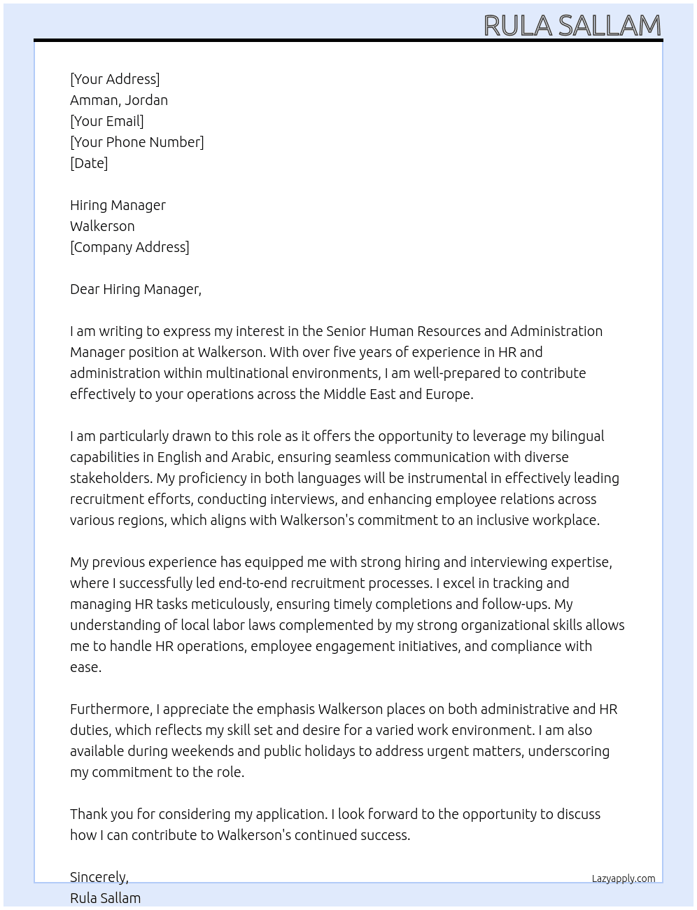 Senior Human Resources and administration Manager At Walkerson Cover Letter