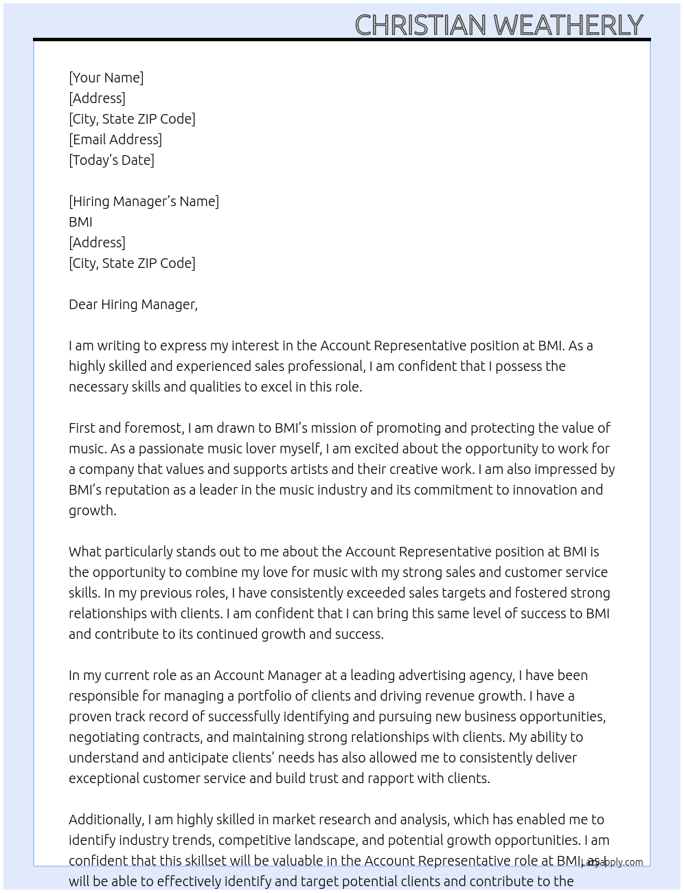 Account Represantative At BMI Cover Letter