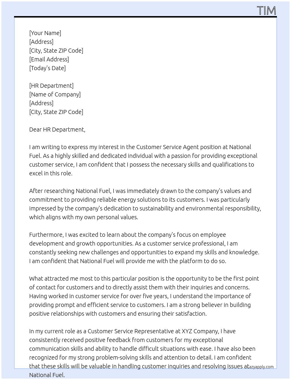 Customer service agent At National Fuel Cover Letter