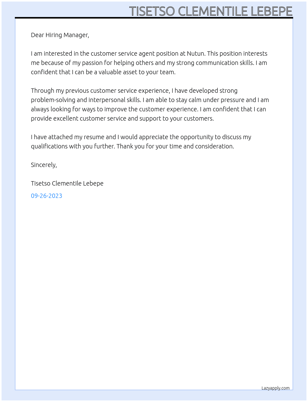 Customer service agent  At Nutun Cover Letter