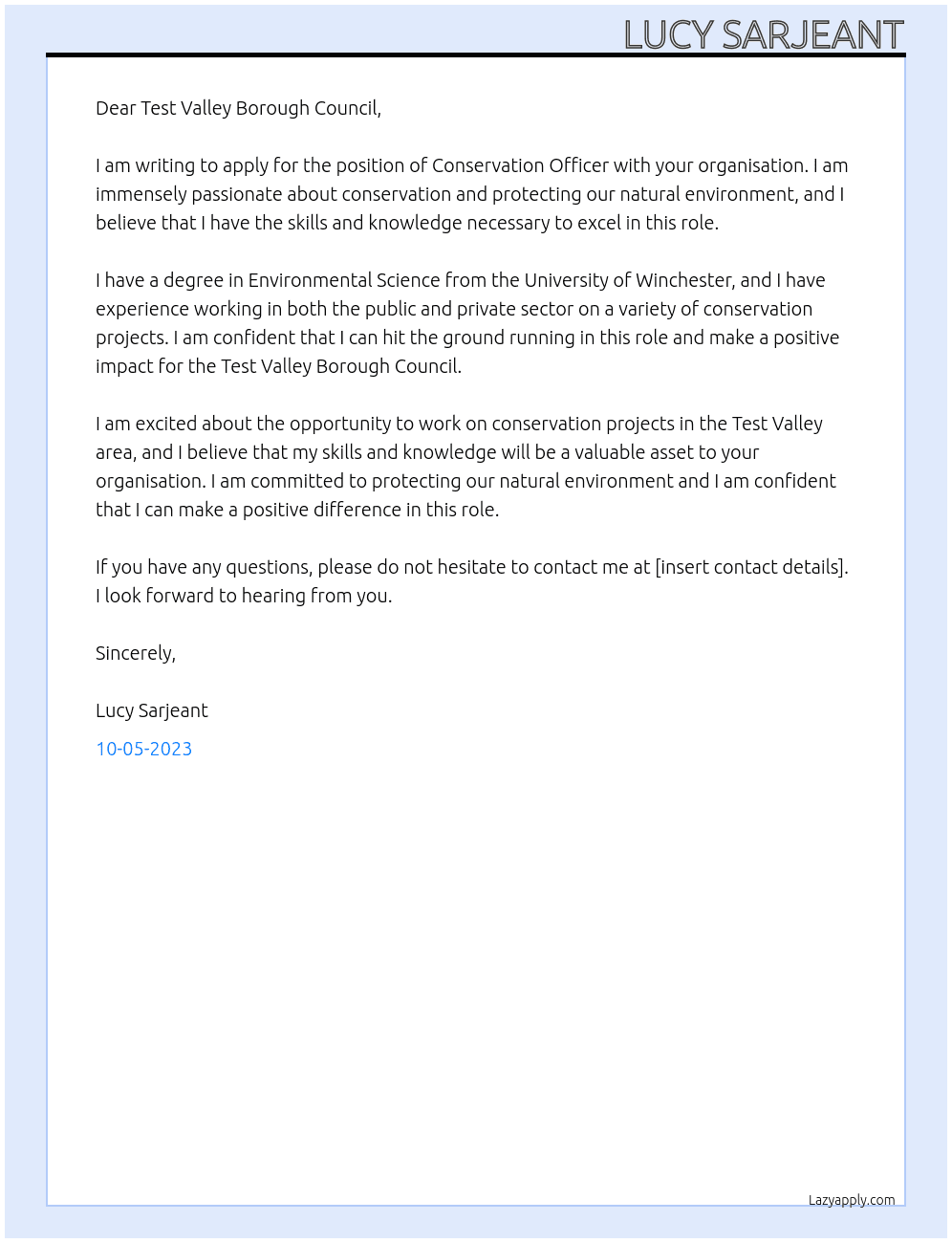Conservation Officer At Test Valley Borough Council Cover Letter