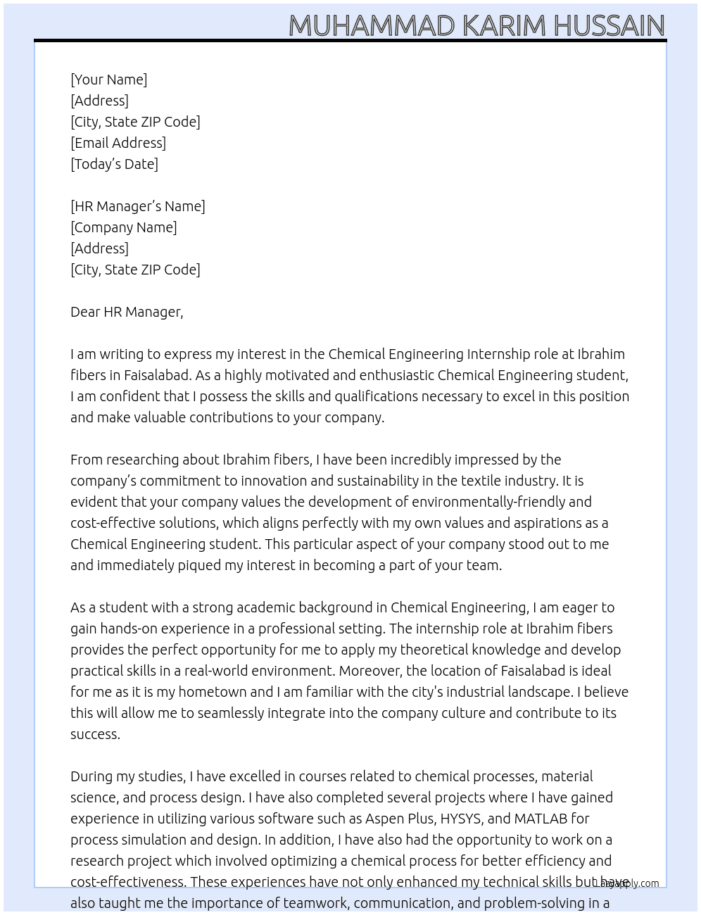 Chemical Engineering At Ibrahim fibers Cover Letter