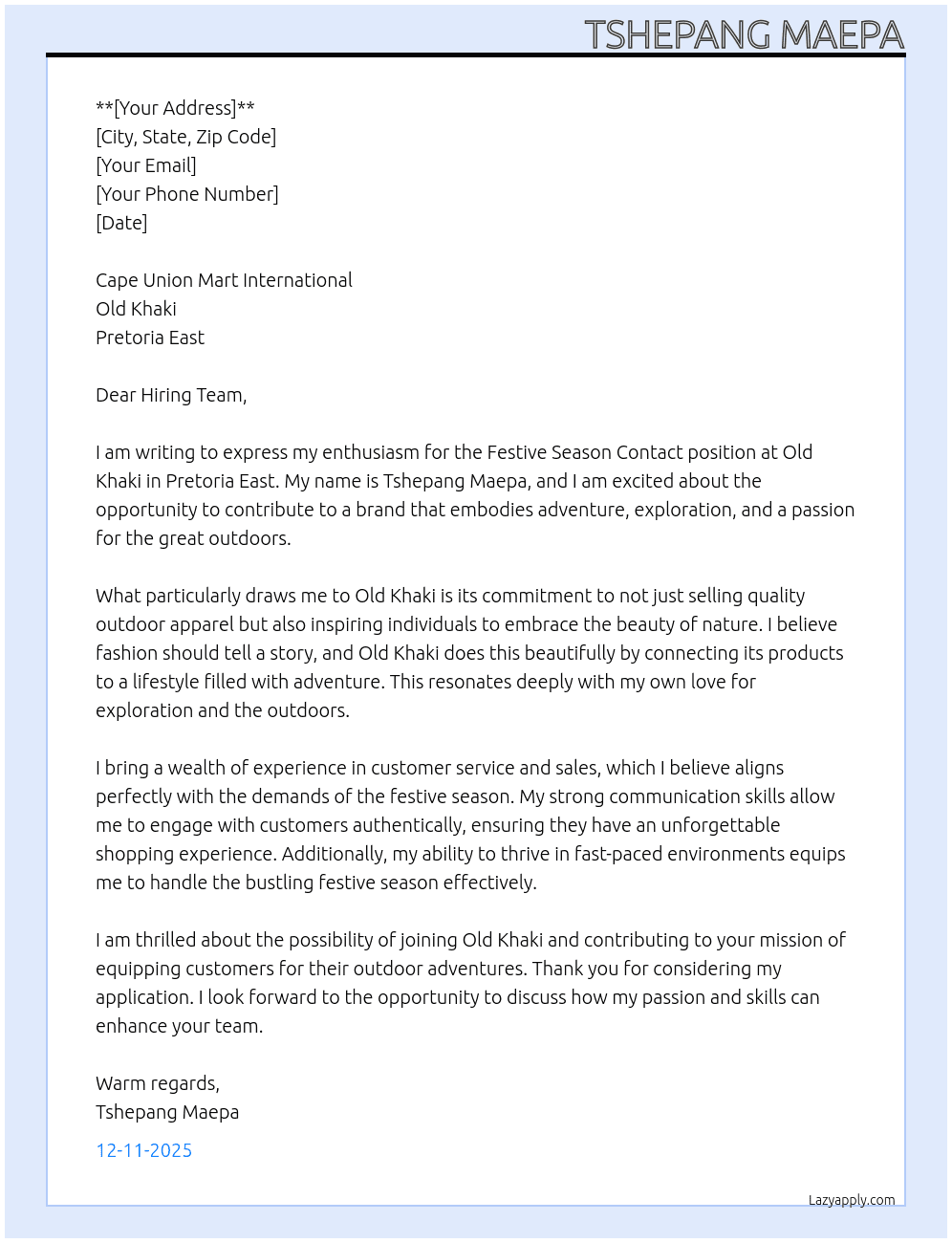 Festive season contact - Old Khaki - Pretoria East At Old Khaki Cover Letter