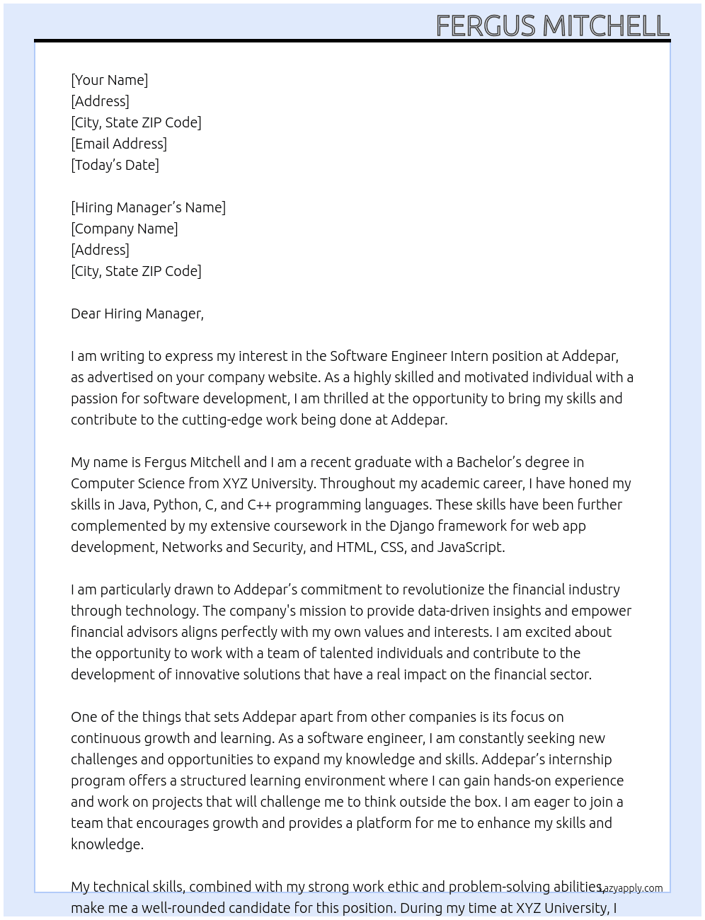 Software Engineer Intern At Addepar Cover Letter