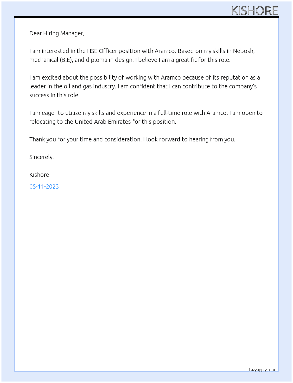 Hse officer  At Aramco Cover Letter