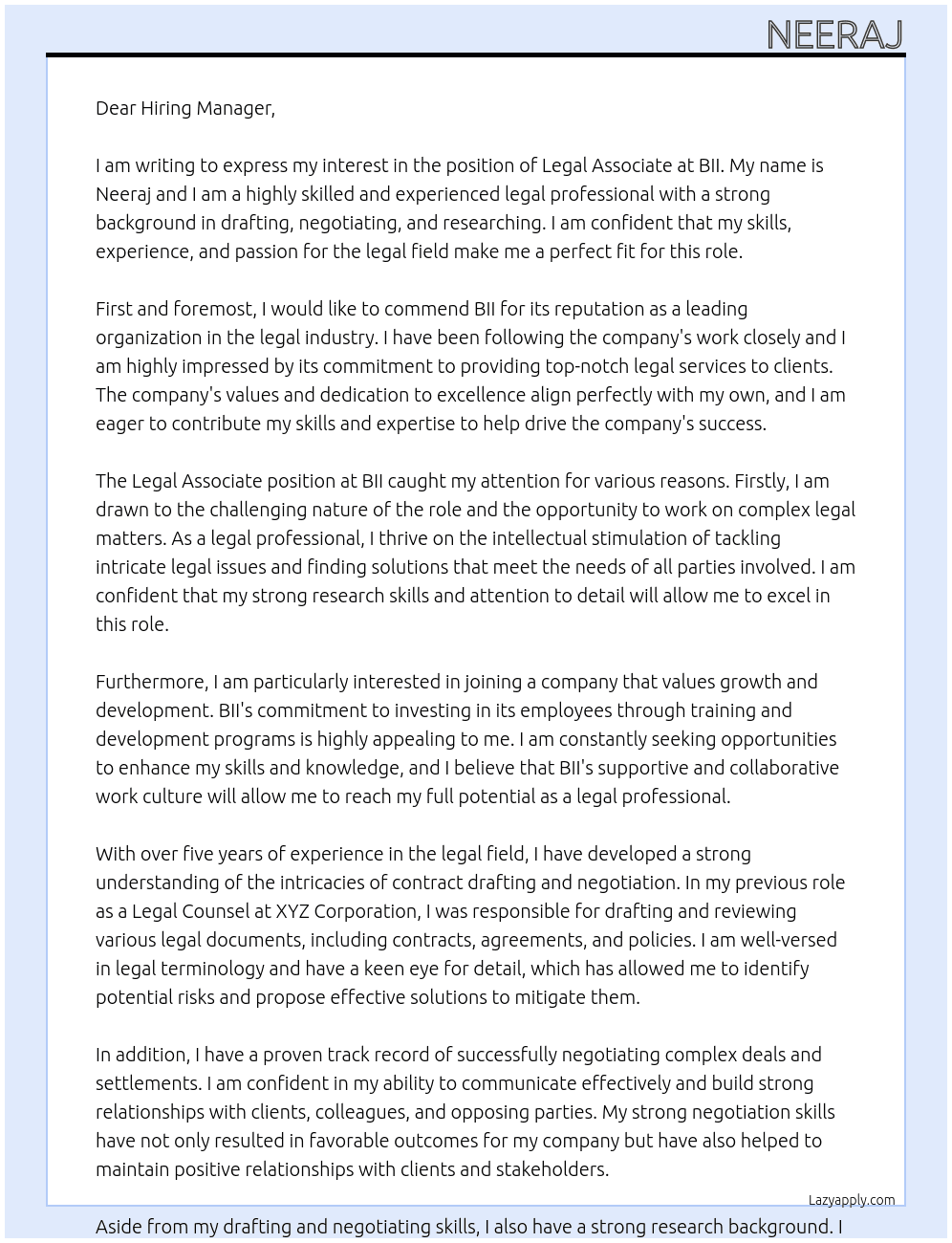 Legal Associate At BII Cover Letter