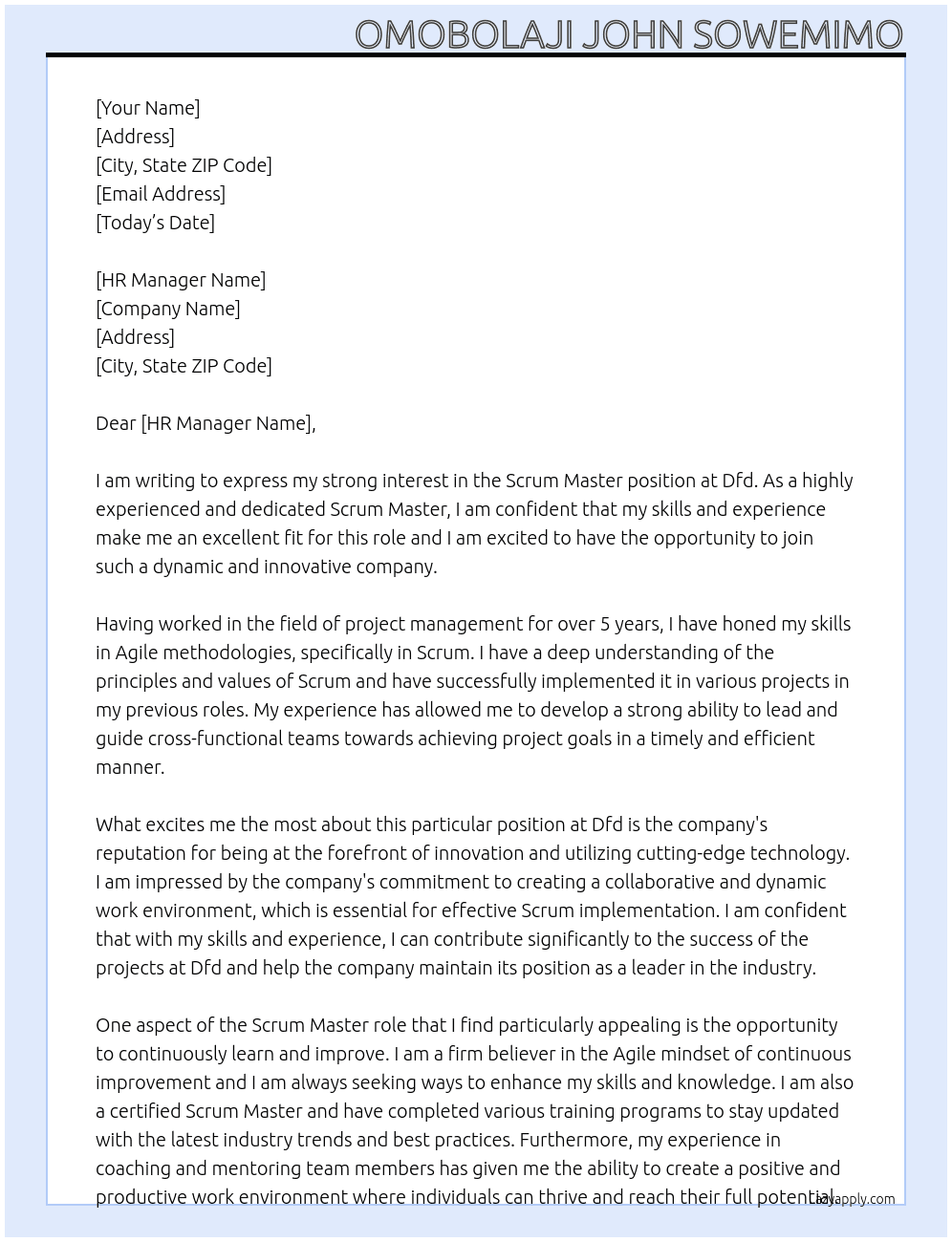 Scrum Master  At Dfd Cover Letter